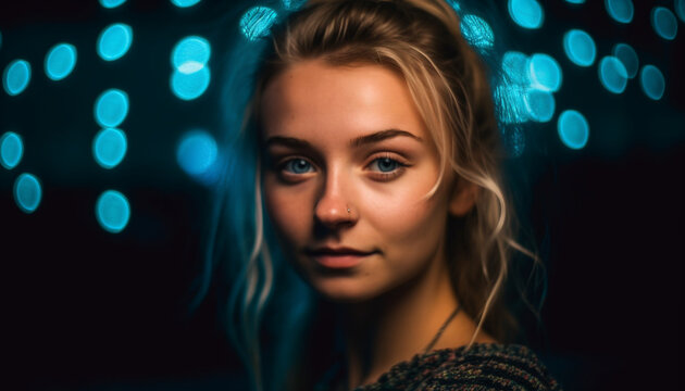 Beautiful young woman with glowing elegance, looking at camera cheerfully generated by AI
