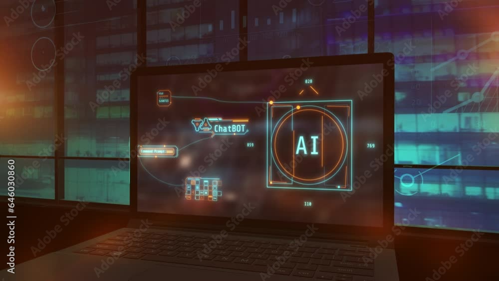 Poster implementation of artificial intelligence in business processes. 3d render