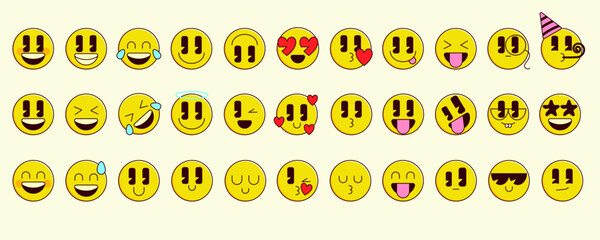 Vector emoticon set. Cartoon retro emoji set with outline. Vintage icons sticker label in retro style. Flat vector illustration. Simple symbols funny cute comic characters. Funny characters