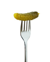 Pickled cucumber with fork isolated on transparent.