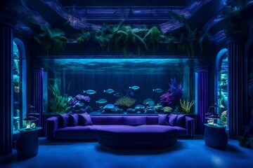 An underwater-styled interior design with marbled Greek columns and majestic aqua scaping corals and fishes visible outside through windows - AI Generative