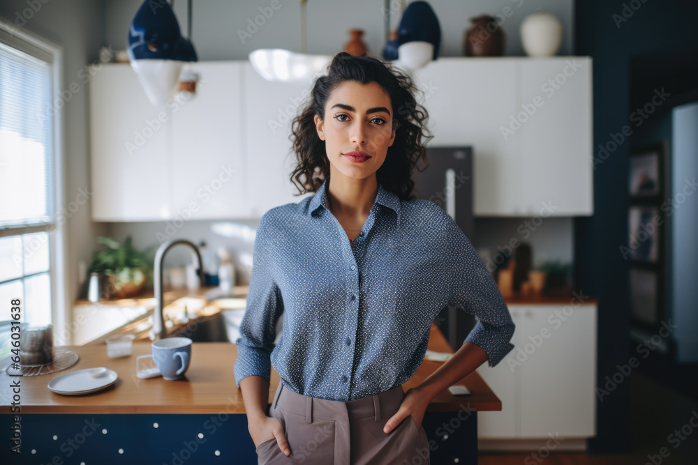 Poster Young woman in the kitchen of her home