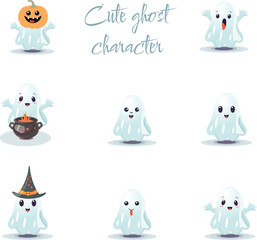 Cute Ghost Character Vector Illustration Set - Halloween Collection