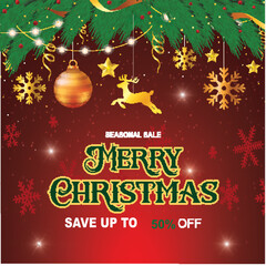 Happy Merry Christmas Vector illustration Sale Banner, Sparkling lights with Golden tinsel. 