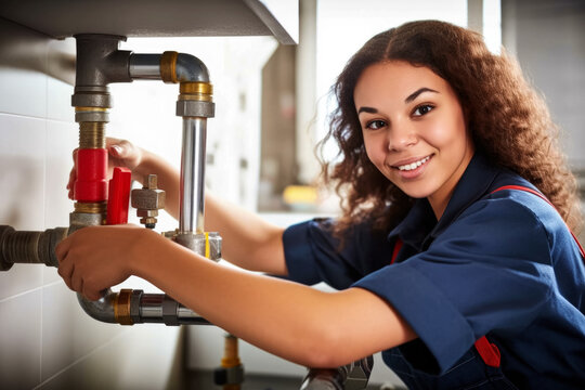 Woman plumber working near metal pipes indoor, female professional occupation. Generative AI