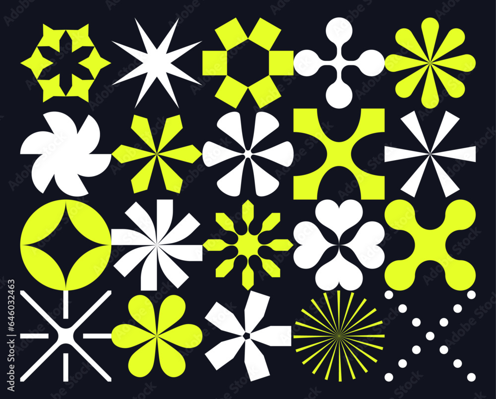 Poster set of various vector elements. collection of geometric and abstract crosses and stars. brutalist sh