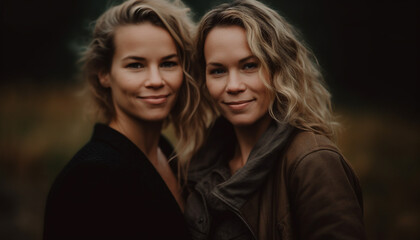 Fototapeta premium Two young women embracing, smiling, enjoying nature and friendship together generated by AI