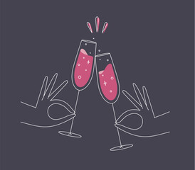 Hand holding champagne clinking glasses drawing in flat line style on dark blue background