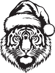 Tiger in a Christmas hat, Tiger head, Vector illustration, SVG