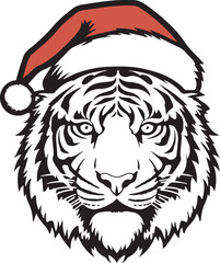 Tiger in a Christmas hat, Tiger head, Vector illustration, SVG