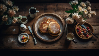 A homemade brunch with fresh pancakes, berry fruit, and coffee generated by AI