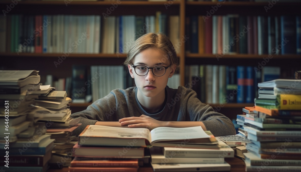 Poster the studious student reads literature in the library bookshelf generated by ai