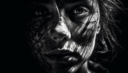 One young adult woman, wet and naked, looking at camera generated by AI