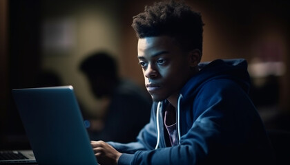 One young man studying with laptop, headphones, and focus generated by AI