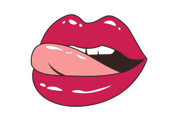 The expression of a sexually protruding tongue of a woman's lips. Vector illustration of sexy woman's glossy lips. Isolated