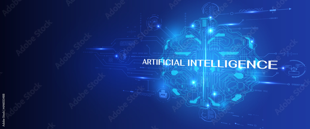 Aufkleber AI smart brain big data processing futuristic with circuit board, robot technology icon template. Artificial intelligence micro processor unit transferring database vector concept background.