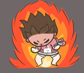 Angry kid, girl in red shirt is showing anger, excitement and frown, cartoon character, procreate , isolated on white background.