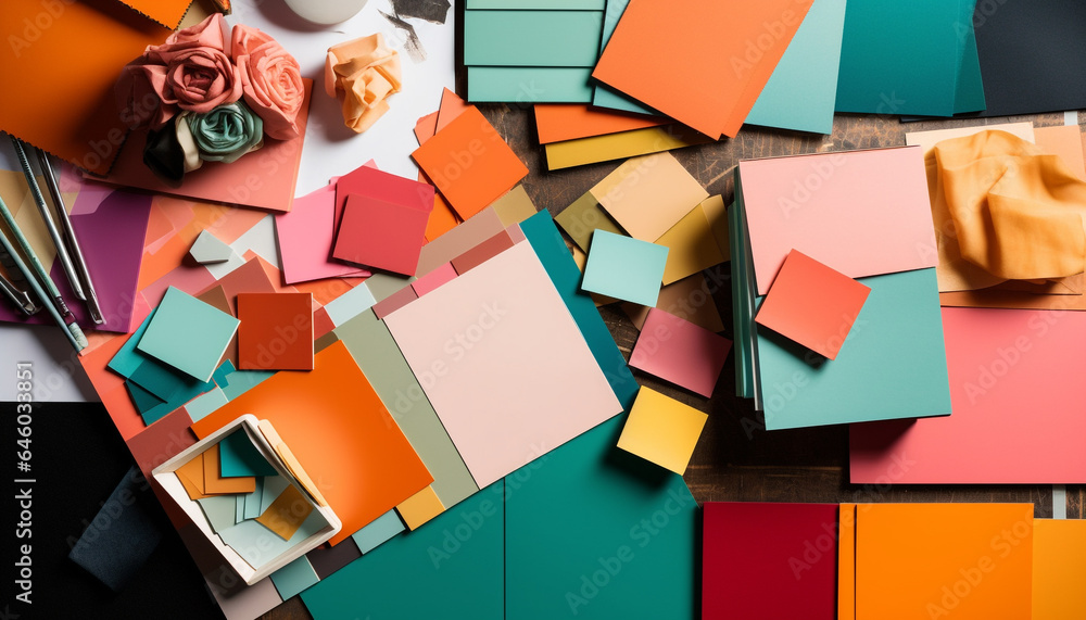 Poster modern office table with colorful material collection and messy backdrop generated by ai
