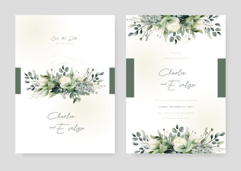 Green and white waterlily modern wedding invitation template with floral and flower