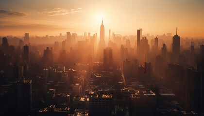 Silhouette of modern skyscrapers illuminate city skyline at dusk generated by AI