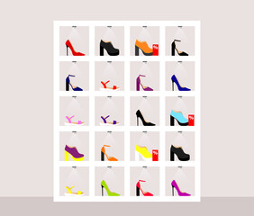Shelf with different shoes in a store or dressing room. Flat. Vector