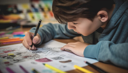 Caucasian schoolboy playing indoors, concentrating on cute art product creation generated by AI