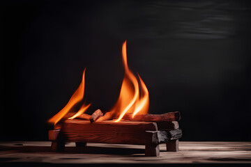 a Wooden table and fire on black background.