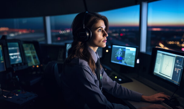 Woman working as air traffic controller. Female sitting at airport control tower, screens near her, blurred evening landscape with runway background. Generative AI