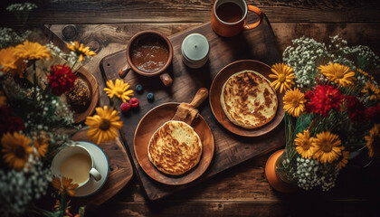 Rustic homemade dessert on wooden table with autumn decorations and coffee generated by AI