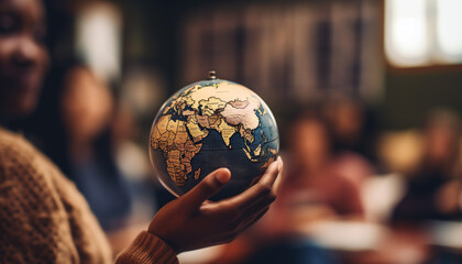 Holding the globe, a group of people study cartography indoors generated by AI