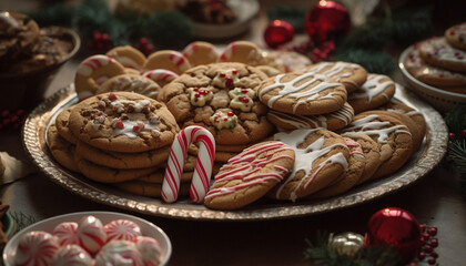 Rustic gingerbread man decor on ornate wood table, indulgent snack generated by AI