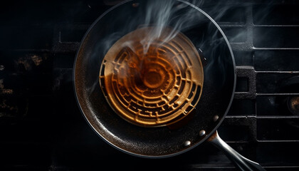 Burning coal on a shiny steel grill, creating smoky refreshment generated by AI