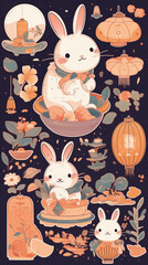 Mid-Autumn Festival Decorative Rabbit Sticker Pattern,created with generative ai tecnology.