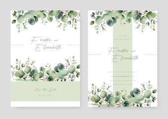 White and green leave modern wedding invitation template with floral and flower