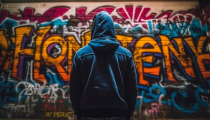 Naklejka premium Hooded males in dirty clothing vandalize city street with graffiti generated by AI