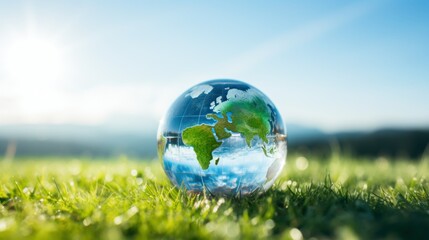 Fototapeta na wymiar International Day for the Preservation of the Ozone Layer. World Ozone Day. Ozone layer protection. Crystal ball hyper-realistic earth on blue sky and green grass background