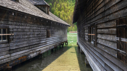 Bootsanleger und Holzschuppen, Schifffahrt amm Königssee, Berchtesgadener Land, Bayern, Deutschland
