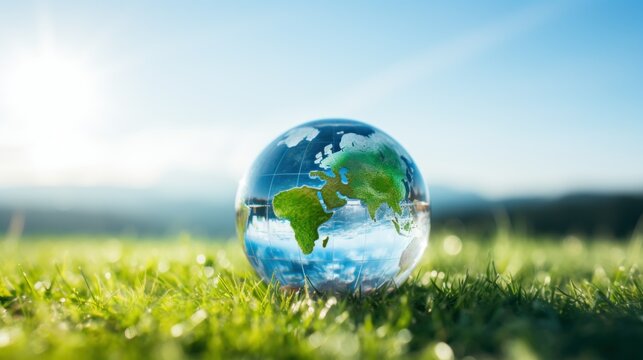 International Day for the Preservation of the Ozone Layer. World Ozone Day. Ozone layer protection. Crystal ball hyper-realistic earth on blue sky and green grass background