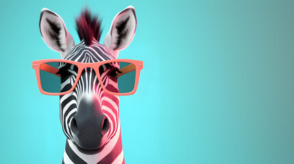Creative animal concept. Zebra in sunglass shade glasses isolated on solid pastel background,...