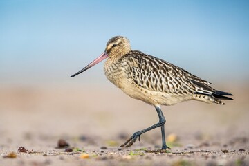 Bar-tailed Godwit, Limosa lapponica, bird feeding on the beach at low tide