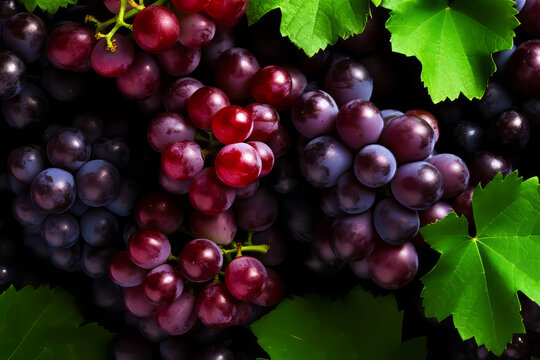 Stock Image of Grapes.  Generative AI.
A digital rendering of a stock image of ripe freshly washed grapes with grape leaves.  