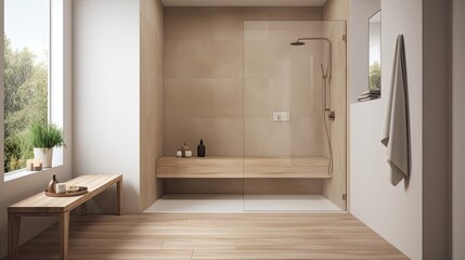 Fototapeta na wymiar Minimal Design Walk Shower Are Simplicity Functionality and Clean Lines with a Focus on Natural Materials and Subdued Colors