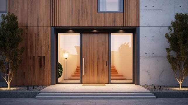 Modern House Facade Main Entrance of Living Building Door of Luxury Building with Backyard in Front