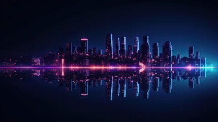 Night City Neon Lights of the Metropolis Reflection of Neon Lights in the Water Modern City with High Rise Buildings Night Street Scene City on the Ocean 3D Illustration