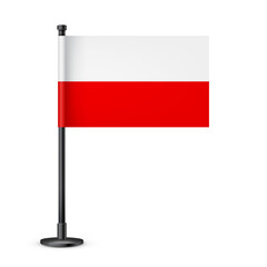 Polish table flag on a black steel pole. Souvenir from Poland. Desk flag made of paper or fabric and shiny metal stand. Mockup for promotion and advertising. Vector illustration