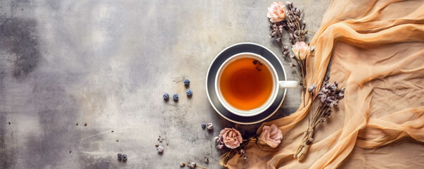 Top view of cap of tea with flowers and fabric peach fuzz colour on a grey textured background. Free space for placing advertising text on the background. Copy space banner.