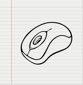 Computer mouse on white paper background. Doodle style