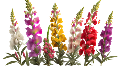 Keuken spatwand met foto Snapdragons, Antirrhinum, Tall spikes of colorful flowers for garden borders, 3d render, transparent background, png cutout © gfx_nazim