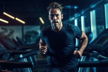 Young man in sportswear running on treadmill at gym, man workout in gym healthy lifestyle