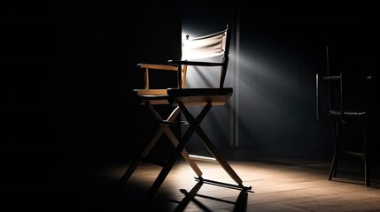 The Director's Chair Stands in a Beam of Light with an Backlight Free Chair Concept of Selection and Casting Shadow and Light